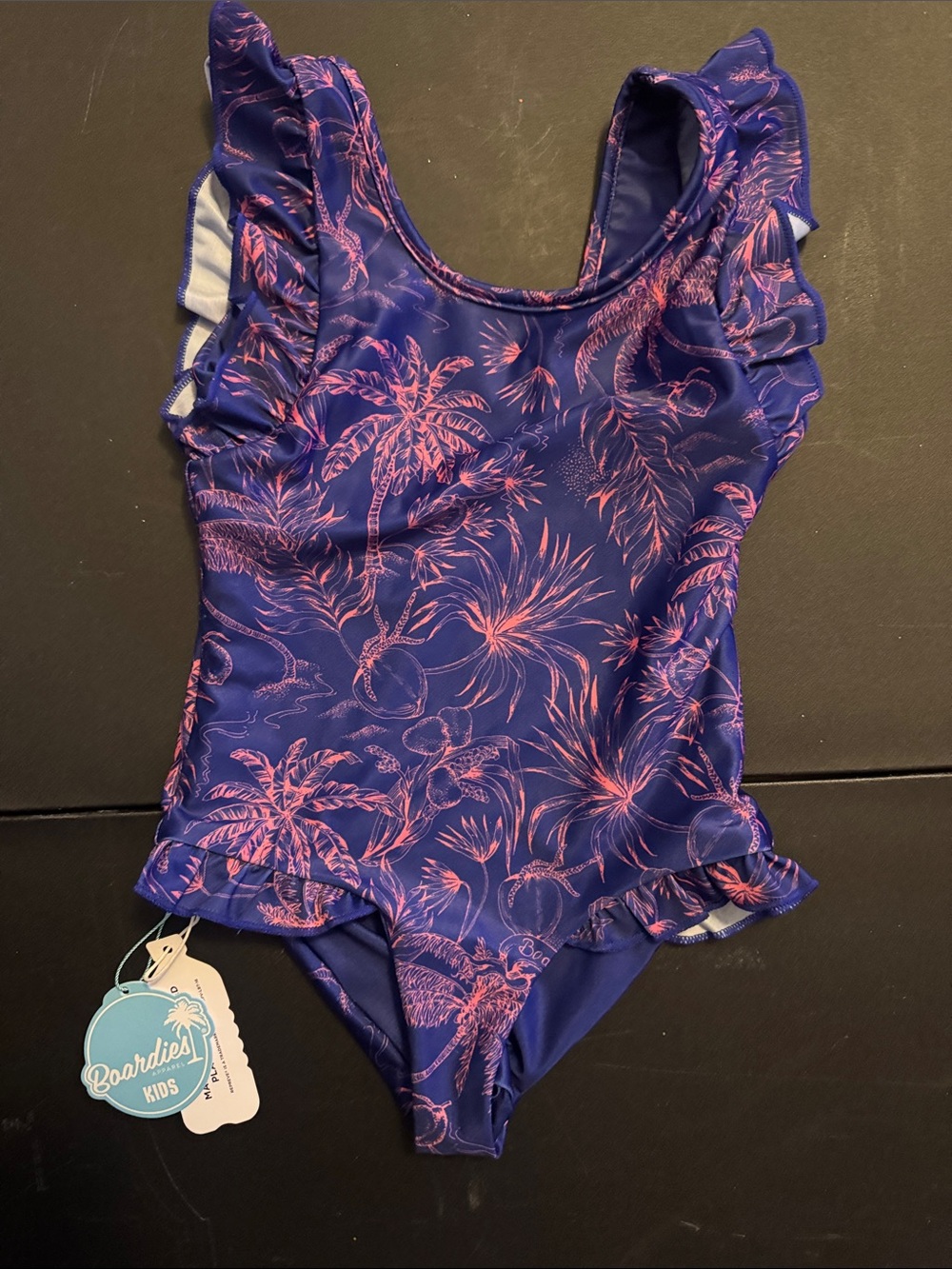 Boardies Kids Purple One-Piece Swimsuit with Pink Palm Print and Ruffle